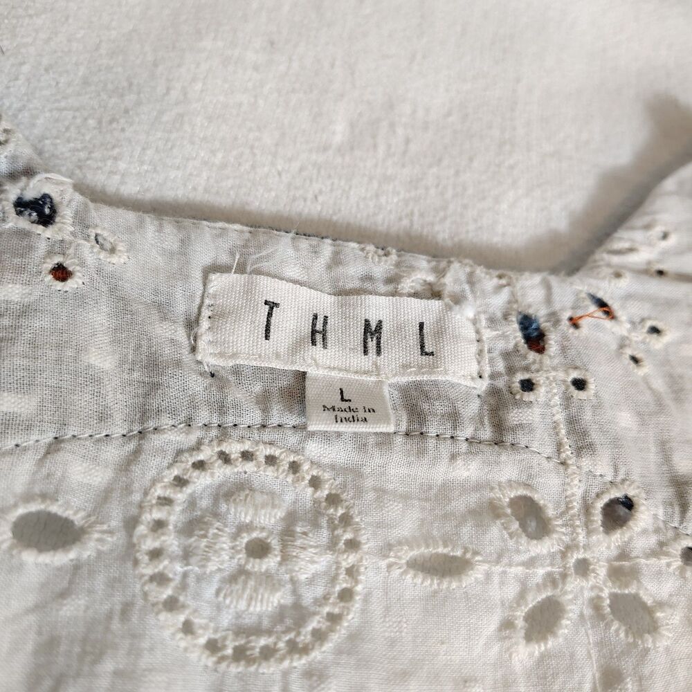 THML Womens Boho Eyelet Tassel Blouse Size L Embroidered Festival Top Cream - Picture 4 of 7